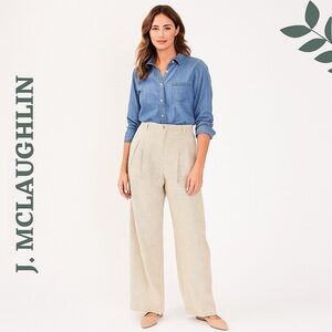 J. McLaughlin Wide-Leg Wool Blend  Trousers | Cream Taupe Plaid | Lined | Size 2
